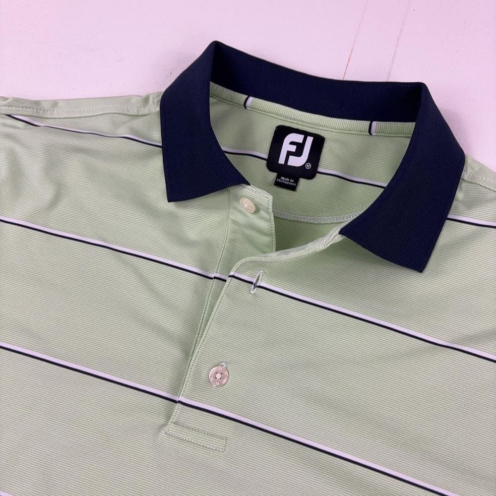 FootJoy Golf Polo Shirt Mens Medium Green Striped Short Sleeve Naples Lakes Club